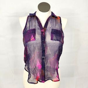 3/$25 Lily White Sheer Button Up Collared Sleeveless Blouse Top Sz S